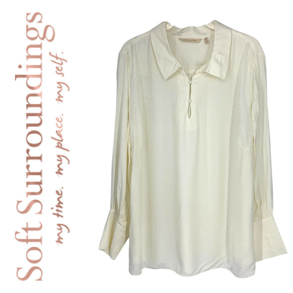 New Soft Surroundings Plus Sz 2X Ivory Leopard Print Blouse Poet Cuff 5DR89 NWOT - Picture 1 of 6